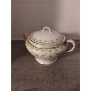 GDA Limoges Sugar Bowl Yellow Roses Green Vines France